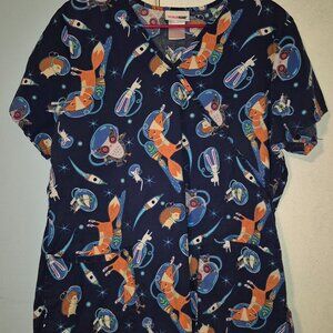 Scrubstar Cosmic Critters Uniform Scrub Top Fox Owl Rabbit SS Women's Size L GC